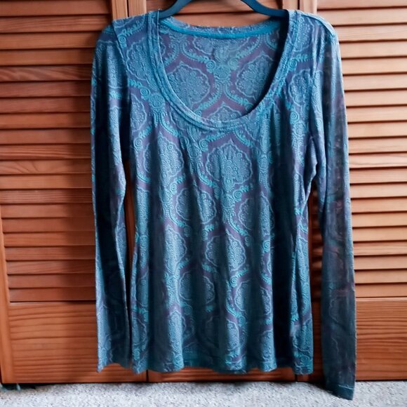 Maurices Women's Brown & Teal Sheer Damask Long Sleeve Pullover Top - Picture 2 of 10